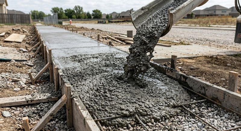 Concrete pouring from a truck chute into a formed sidewalk over a gravel base
